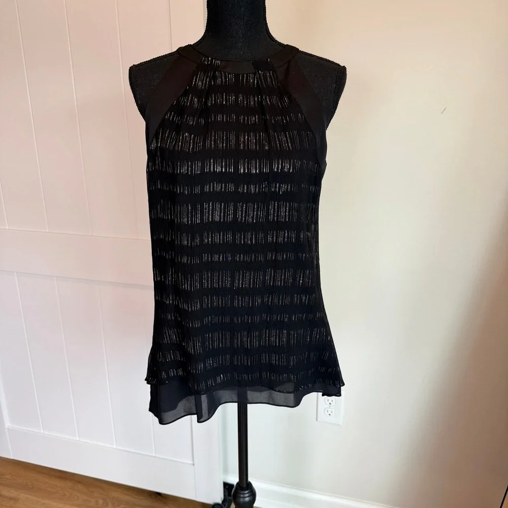 White House Black Market Silk Metallic Sleeveless Top Black Gold Size 8